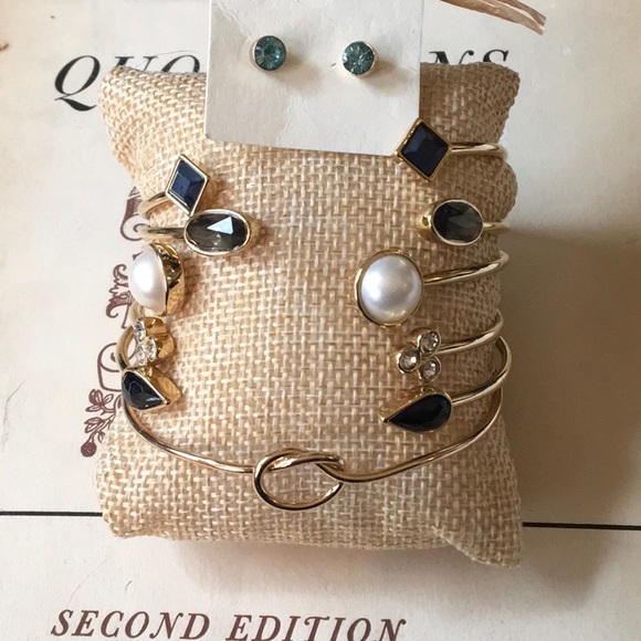 6 Jeweled Bracelets Cuff Bangles 1 Pair Pierced Earrings Gold Tone Bundle NWOT - Picture 2 of 7